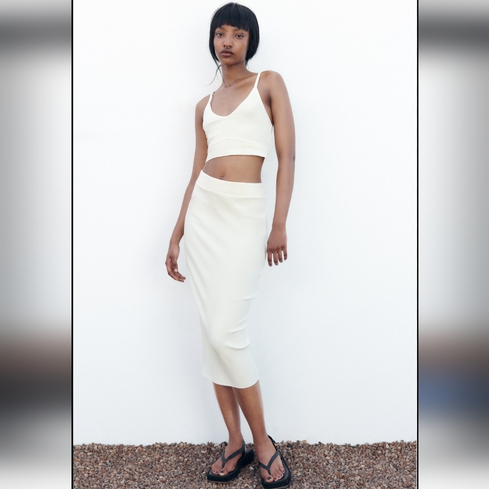 NWT Zara white matching Coord set Cropped Knit rib top & midi skirt M